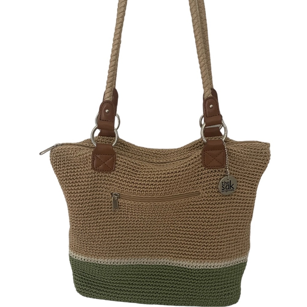 The SAK green and tan crochet tote/ shoulder bag